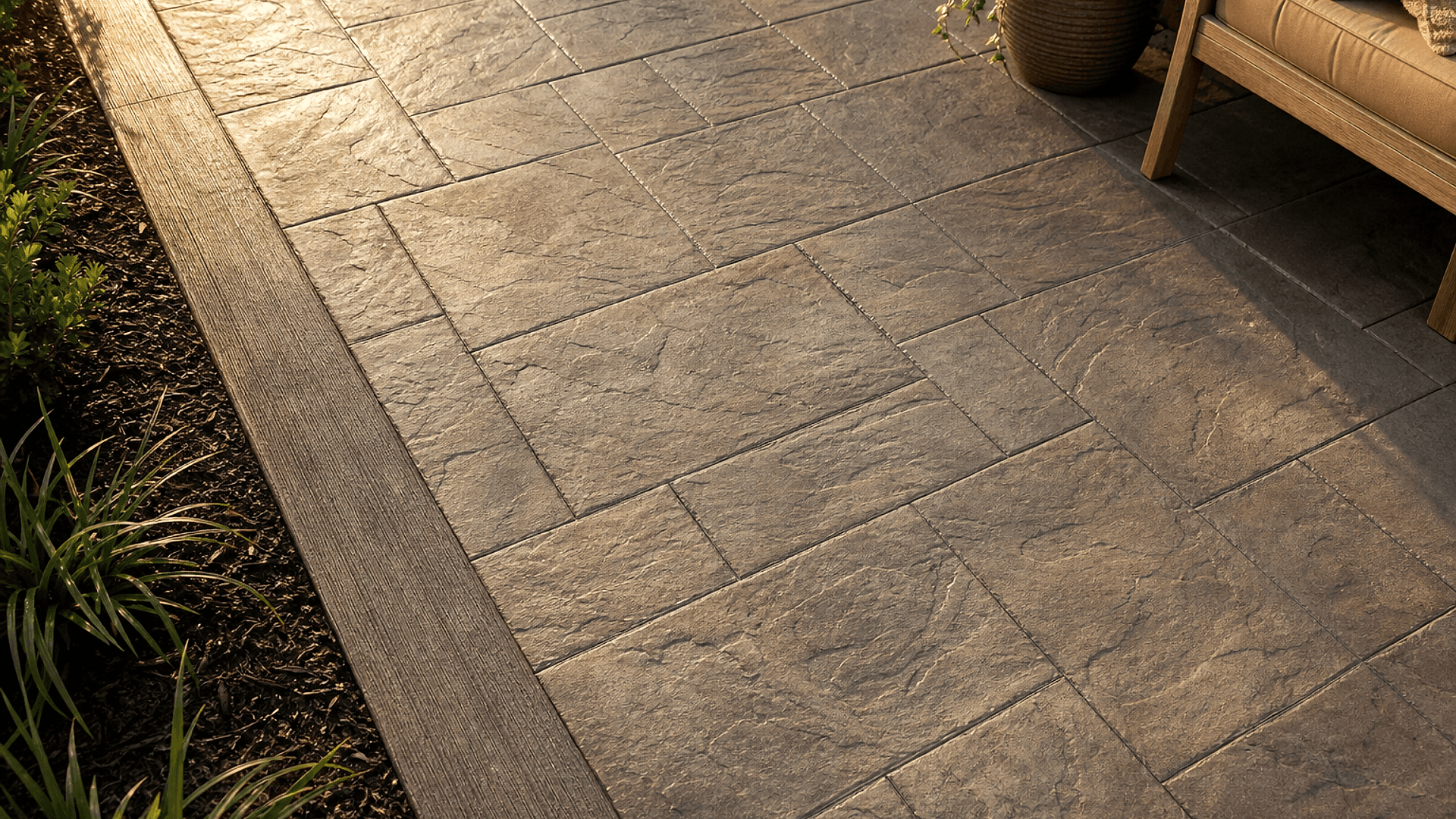 Decorative stamped concrete in a slate pattern with a broom finish border