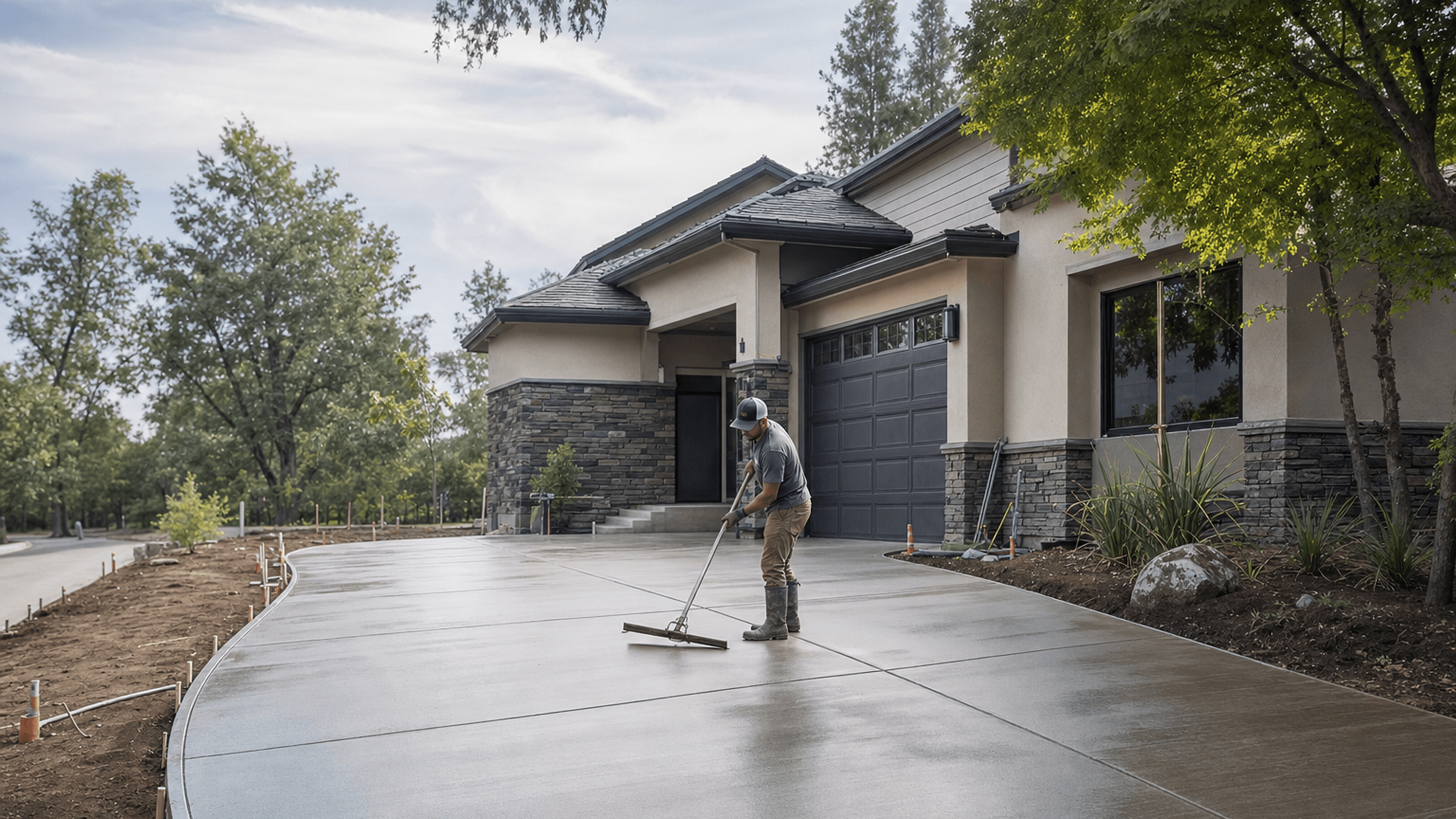 A freshly finished concrete driveway and patio at a Sacramento home